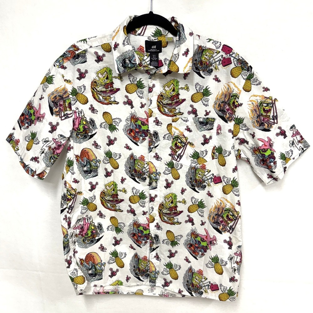 H&M x Spongebob Men's Small Button Up Shirt Multicolor Hawaiian Pineapple Casual